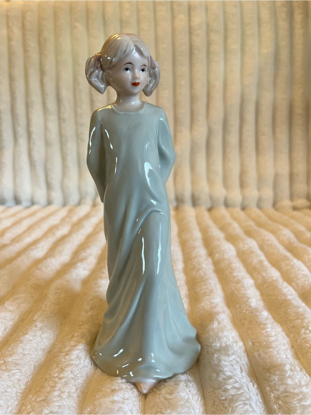 Royal House Collection- Porcelain Girl in Blue Dress Holding Teddy Bear Figurine